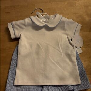 Edgehill Collection White and Blue Short Sleeve Tee with Peter Pan Collar